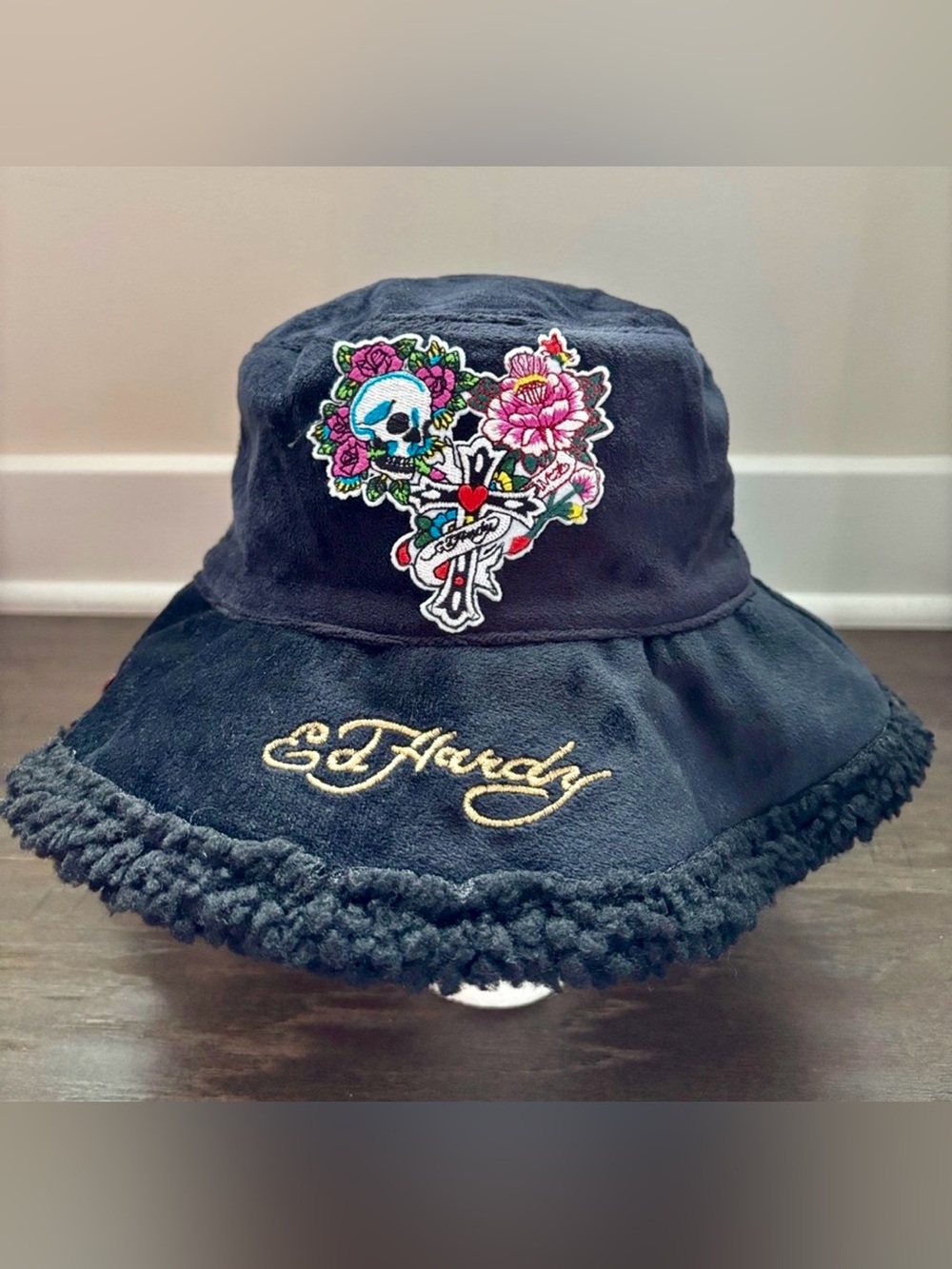 Ed Hardee Velvet Like,sherpa lined,embroidered patch,cross,skull,floral,bucket